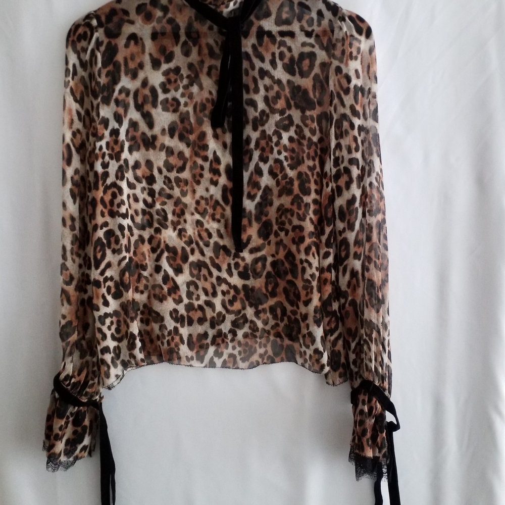 Leopard Print Sheer Blouse with Black Accents